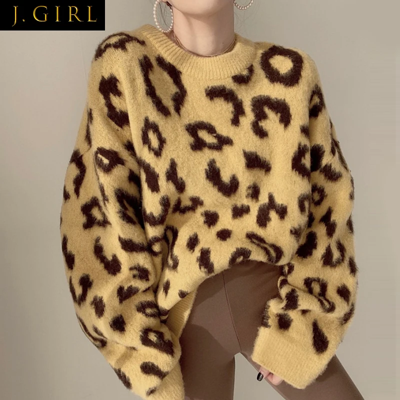 

J GIRLS Leopard Print Design Knitted Sweater Korean Personalized Wild Round Neck Loose Casual Long-Sleeved Thick Warm Pullover