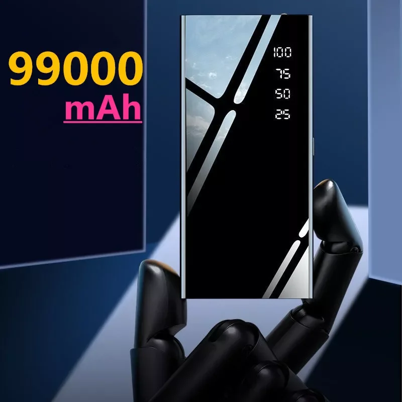 

2023New 99000mAh Mirror Surface Power Bank Portable External Battery LCD Digital Display Fast Charger With LED Light For iPhone