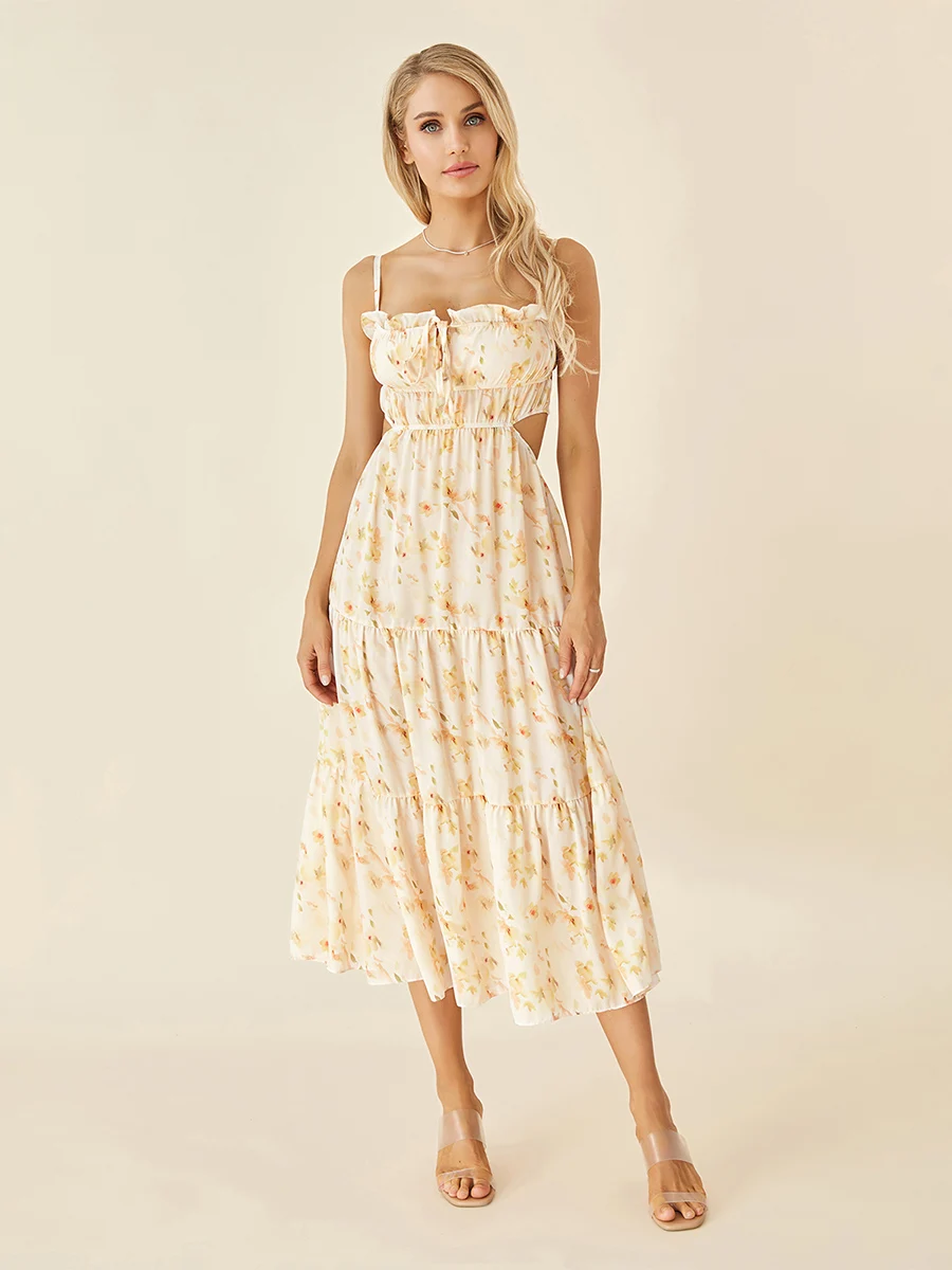 

Женское Многоярусное длинное платье, летнее платье без рукавов на бретелях-спагетти с цветочным принтом и рюшами, Пляжное платье с цветочным принтом, размеры S, M, L