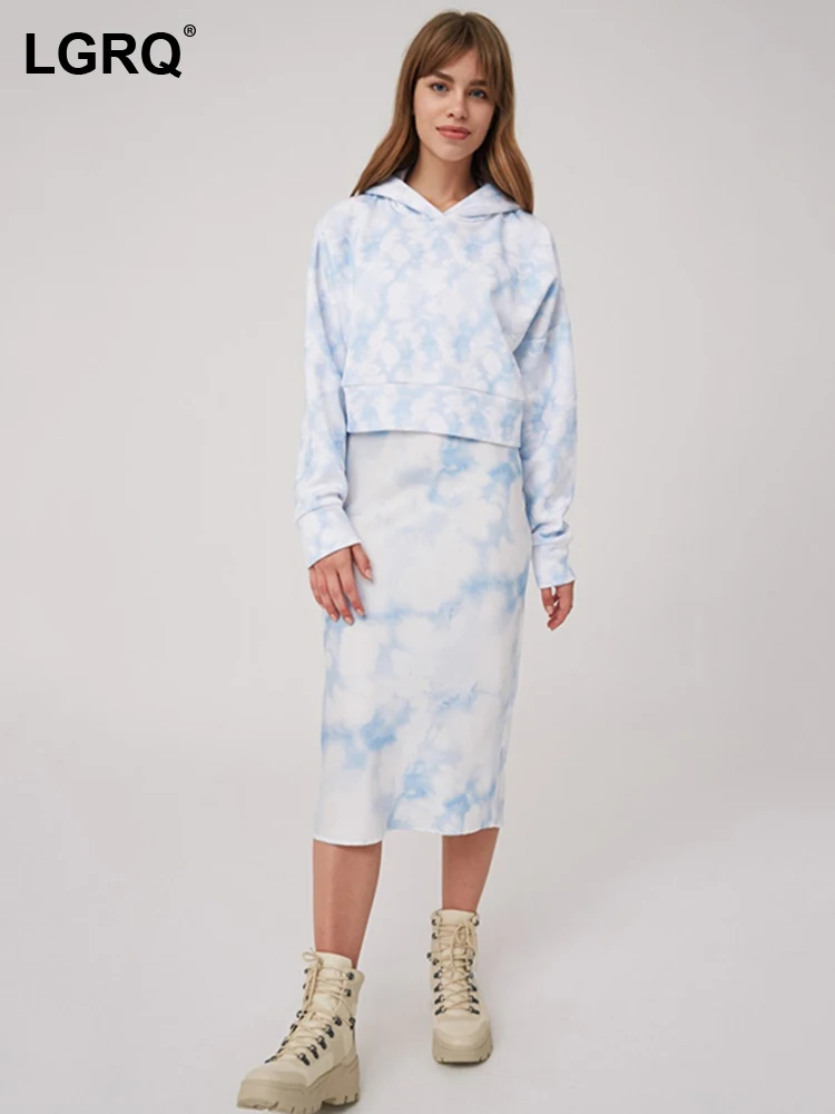 

LGRQ, Новинка осени 2022, модная женская Свободная Лоскутная Толстовка с длинным рукавом и капюшоном, воротник с капюшоном, прямая женская юбка с завязкой, 19J2231