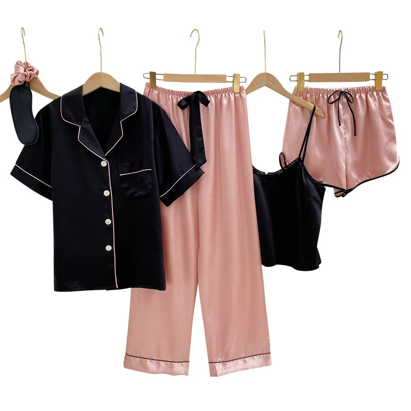 

6pcs Short sleeved trousers pajamas sets women sweet Pink satins ice silk pyjamas sleepwear suits 5219213906