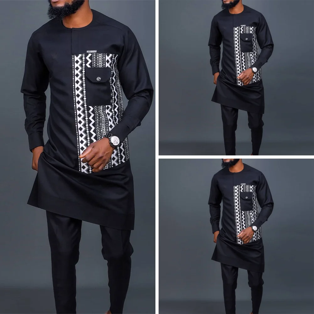 

African Men Dashiki Long Sleeve 2 Piece Set Traditional Africa Clothing Striped Men's Suit Male Shirt Pants Suits Black (M-4XL)