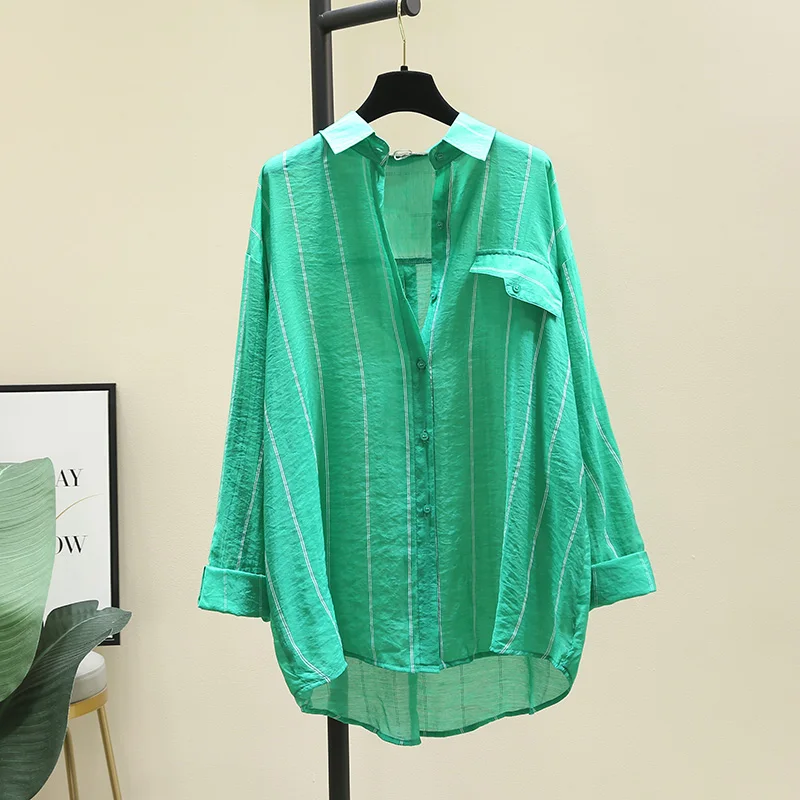 

SuperAen Green Stripes Thin Silk Sunscreen Shirt Women 2023 Summer New Korean Loose Long Sleeve Shirt