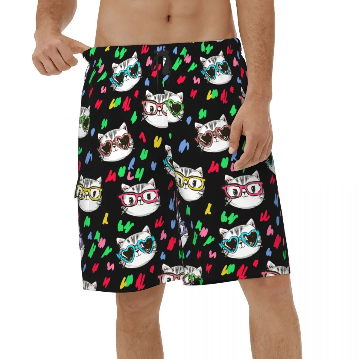 Cat Heart Shorts 3D Men's Swimwear Cute Printed Men Swim Trunks
