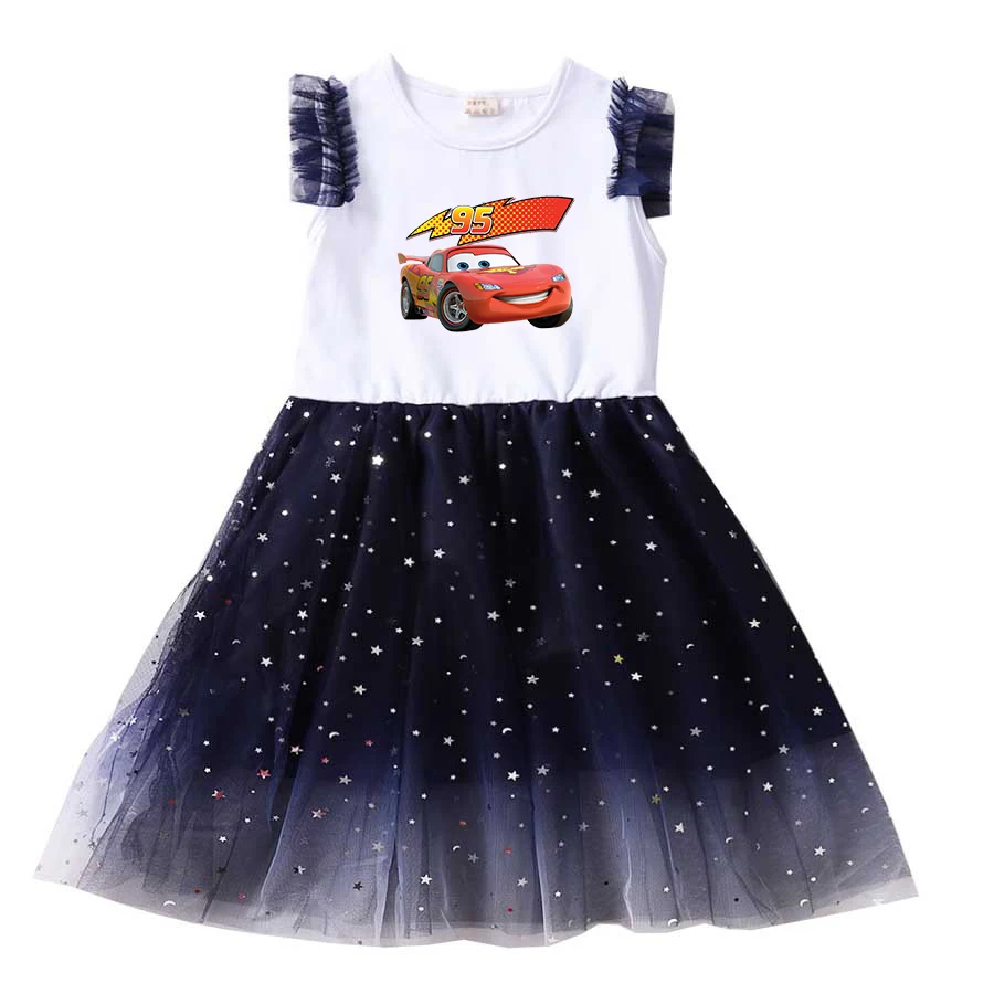 Disney Pixar Cars Lightning McQueen Summer Kids Dresses for Girls Kids Cartoon Short Sleeve Dress Children's Prom Mesh Dresses