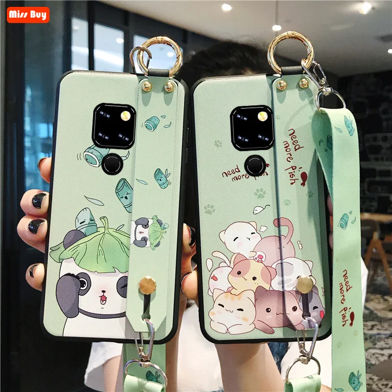 

Cute Cartoom Panda Cat Wrist Band Bracket Crossbody Lanyard Case for Huawei Mate 20 Pro Soft Silicon Back Cover Protective Shell