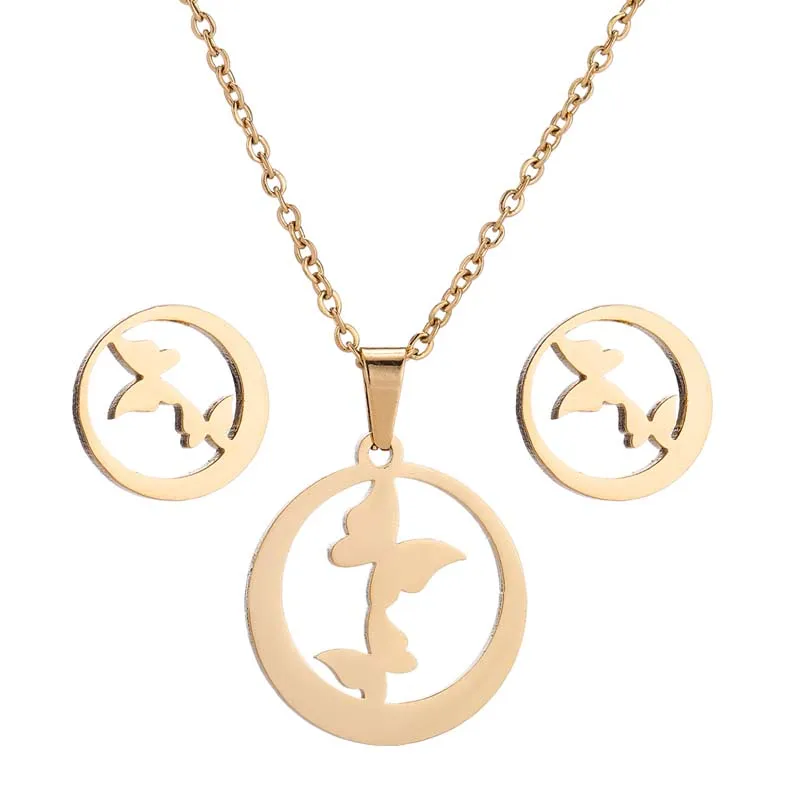 

Stainless Steel Round Butterfly Earrings Necklace Set Geometric Ladies Animal Fashion Personality Ladies Set