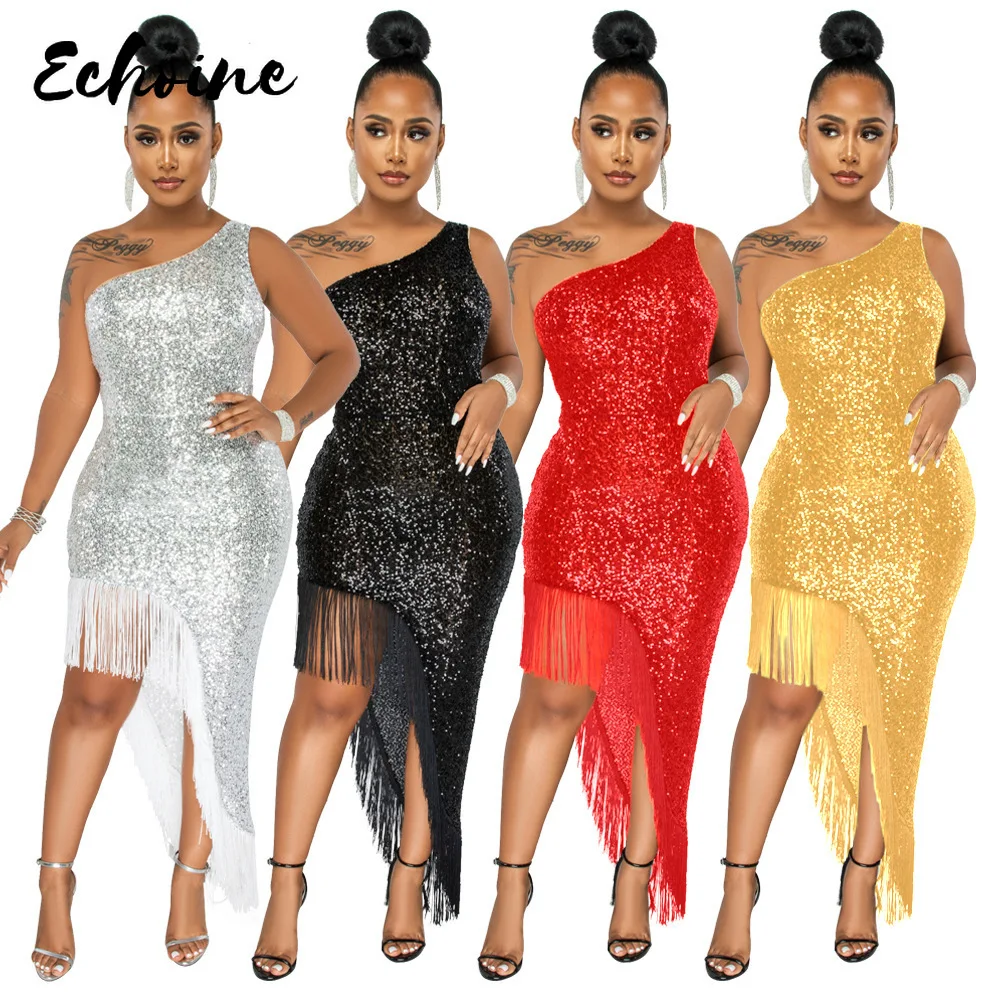 

2022 Formal Glitter Sequins Full Sleeve Slash Neck Bodycon Party Night Club Dresses Sexy Birthday Women Tassel Dress