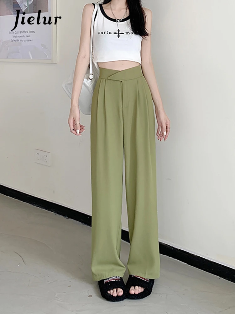 

Jielur New Wide Leg Women Classic Suit Pants Office Lady Elegant Casual Green Black Trousers Female Velcro High Wasit Pants S-XL