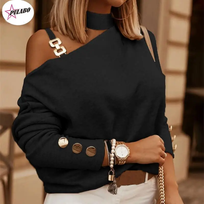 

Slanted Shoulder Chain Decorative Pullover T-Shirt Women Autumn PULABO y2k Fashion Casual Long-Sleeved Black Apricot Blouse Tide