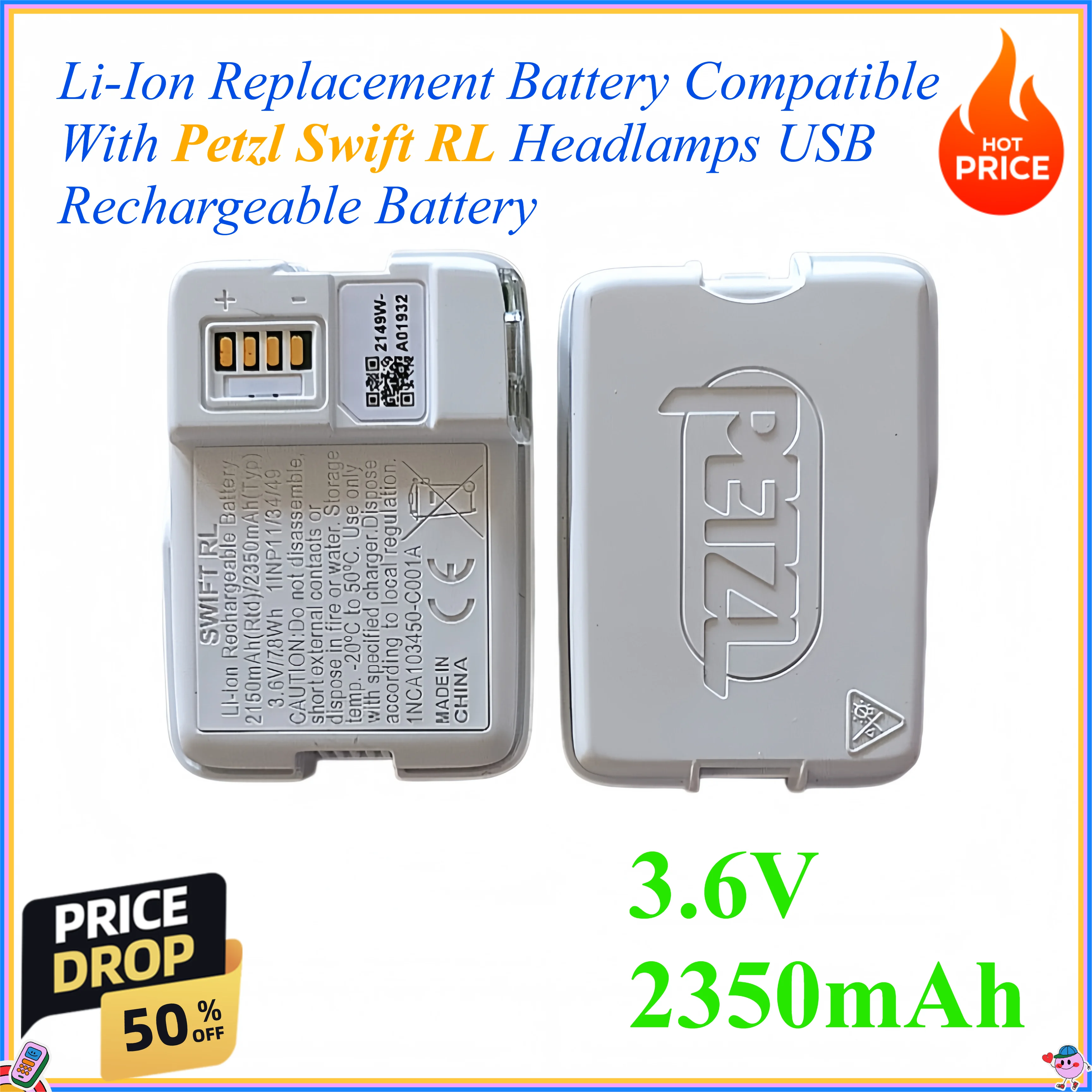 Фото Литий-ионный аккумулятор 3.6V 2350mAh для фонарей Petzl Swift RL, USB-перезаряжаемый, сменный №1