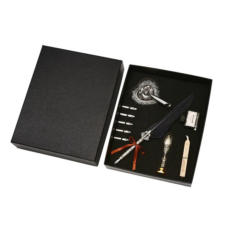 

Feather Dip Pen Writing Ink Set Calligraphy Quill Pen Gift Box With Seal Stamp Wax Seal Sticks For Beginners