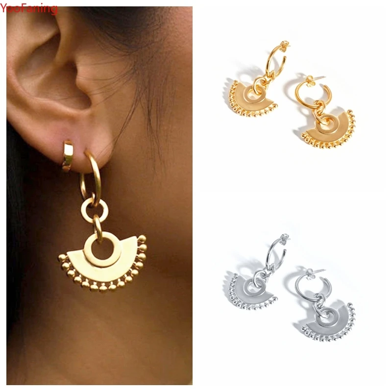 

925 Sterling Silver Ear Needle Half Sector Chandelier Hoop Earrings European And American Style Personalized Gold Huggie Jewelry