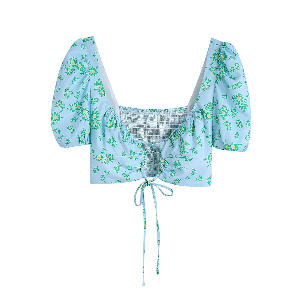 

2022 women's spring and summer new printed short-sleeved top fashion tube top lace puff sleeve temperament top