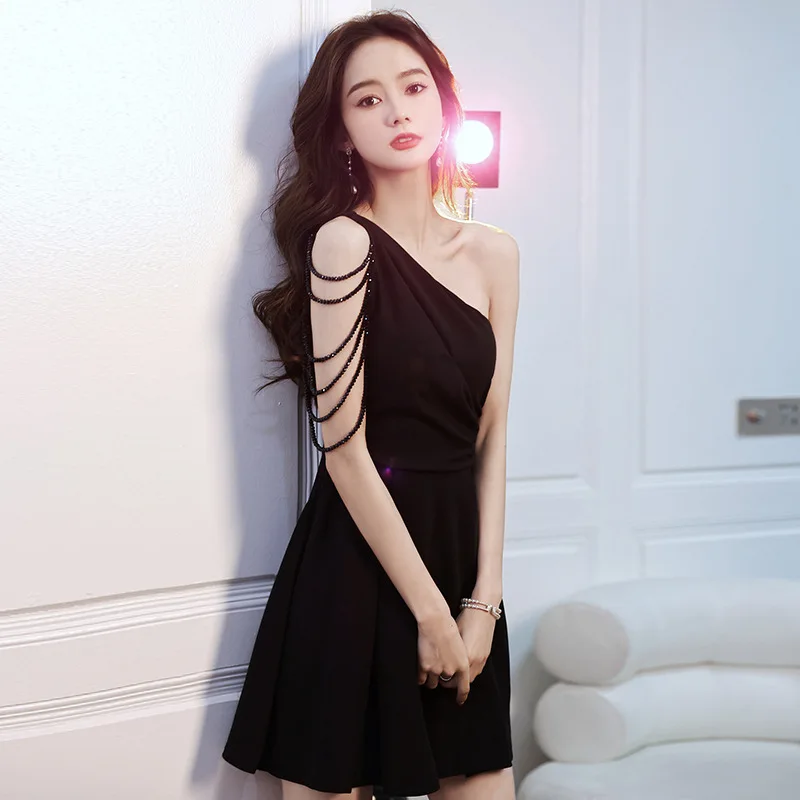 Black Sexy Evening Dress for Women  Senior Heavy Industry  High-end Design One-shoulder Dress Female Summer Short