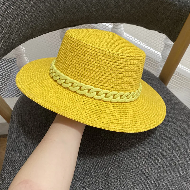 

Female summer fresh marca dragon han edition fashion color chain belt hat color flat straw hats web celebrity beach hathigh qual