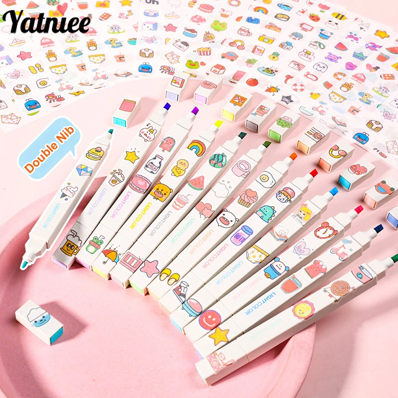

6PCS Pack Double Tip Highlighter Pens Kawaii Candy Color Manga Markers Midliner Pastel Album Journal DIY Fluorescent Pen