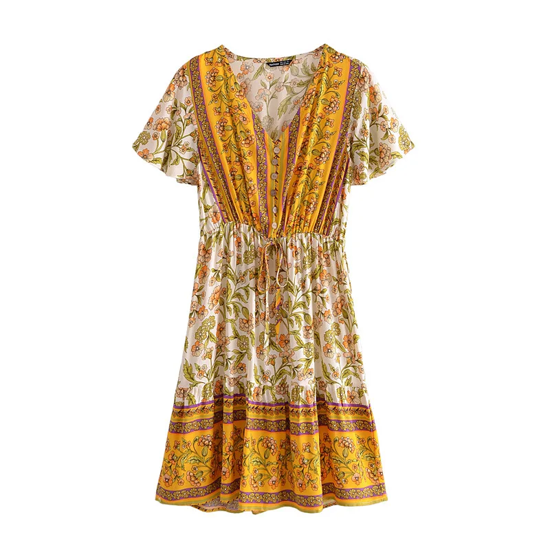 

Summer Dress 2022 Floral Vestidos Mujeres Sexy Mini Pleated Dresses Backless robe femme robe longue evenning-dress Yellow Black