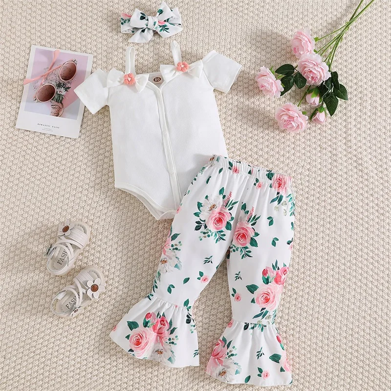 

3-18M 3Pcs Summer Baby Girls Clothes Sets Infant Newborn Short Sleeve Romper Tops Short Pants with Headband Children Outfit 2023