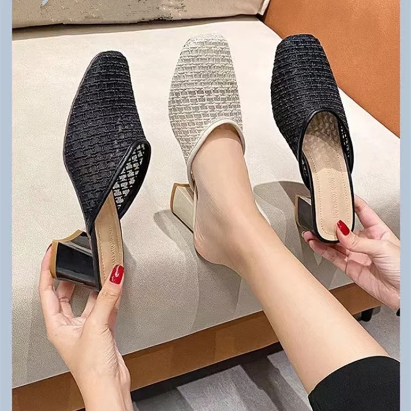 

Women's sandals New Spring Summer Woman Square Toe Slip On Slides Flat Slippers Women Breathable Hollow