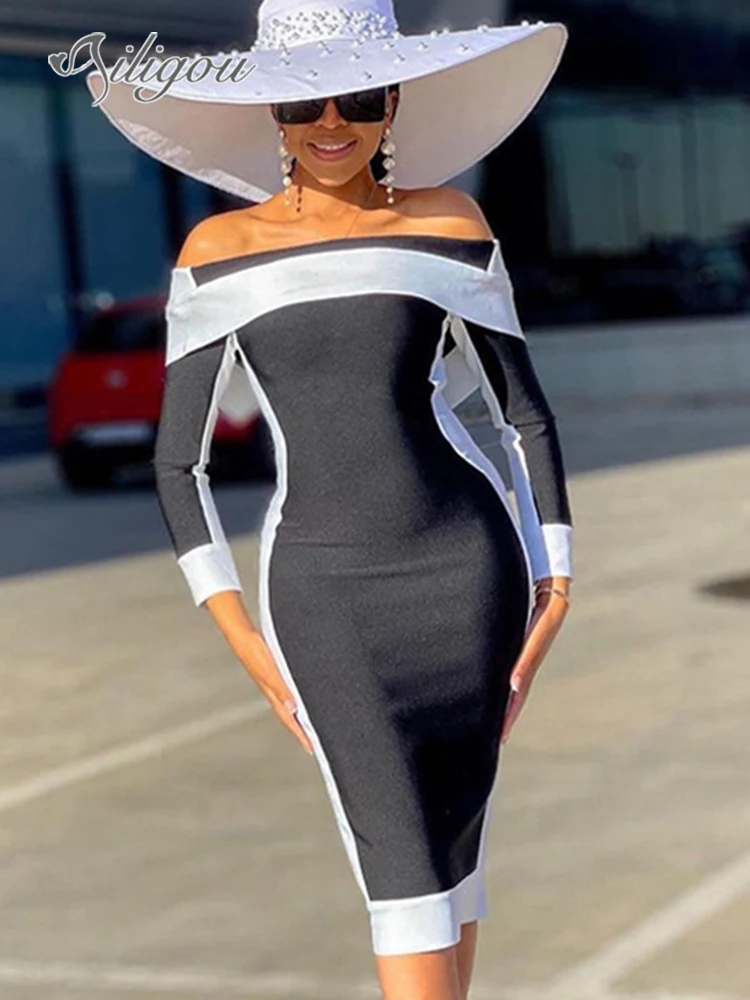 

Ailigou 2022 New Autumn Women'S Patchwork Off Shoulder Long Sleeve Midi Bandage Dress Sexy Tight Elegant Celebrity Party Dress