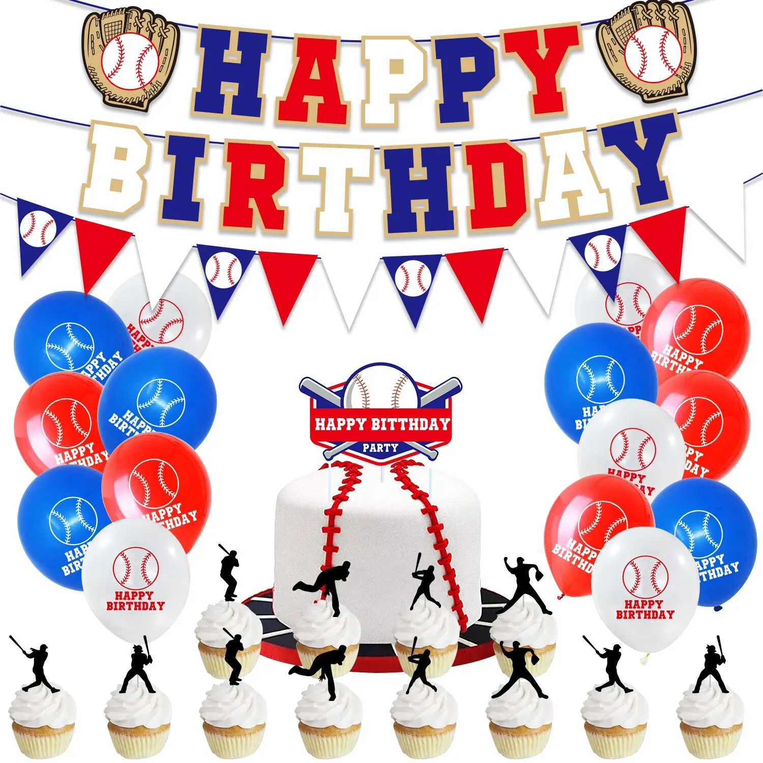 

SURSURPIRSE Baseball Theme Red Blue Latex Balloon Cake Topper Paper Card Banner for For Boys 6th 9th13th Birthday Party Supplies