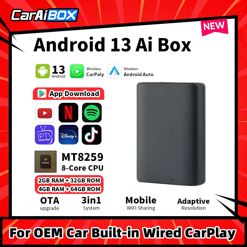

CarAiBOX CarPlay Ai Box Android 13.0 MT8259 8-Cores Chip Wireless CarPlay Android auto Google Play For cars with Wired CarPlay