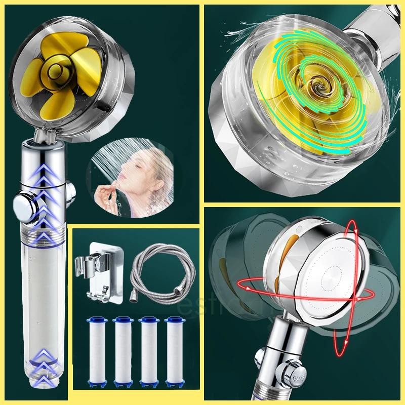 

Turbo Shower Head Water Saving High Pressure anti limescale Shower Head With Water Purifying Filter & Fan 360 Rotate Showerhead