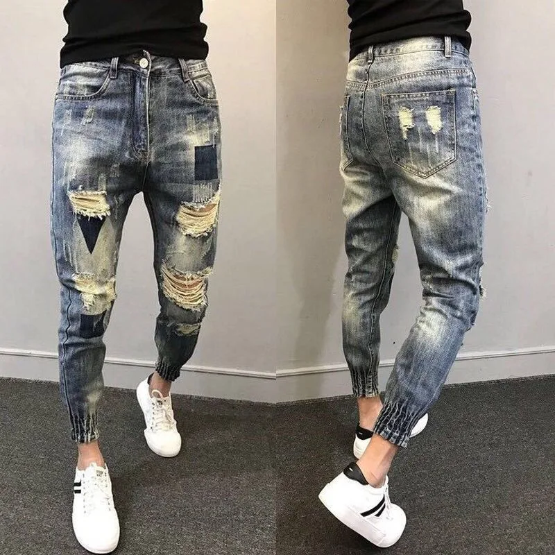 

Wholesale 2022 Fashion Social Spirit Guy Broken Hole Pants Trend Beam Feet Teenagers Harem Pants Jeans Men's Slim Feet Pants