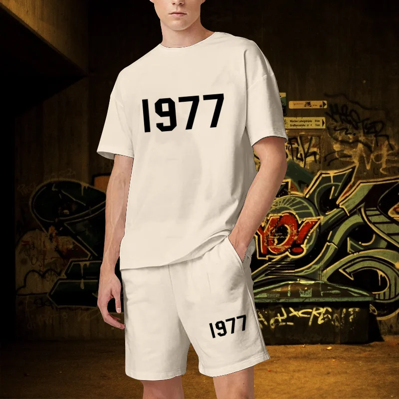 Summer Men's Sets 2 Piece Outfit of Sportswear Luxury Short Sleeve Streetwear T-shirt Set Tracksuit 1977 Print Jogging Suit