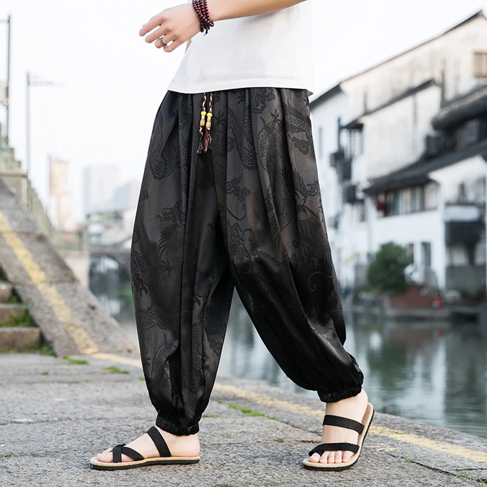 

Size Men Plus Pants Wide Baggy Joggers Harem Japanese Men Leg Hip Hop Pants Ice Silk Jacquard Retro Style Loose Chinese Trousers