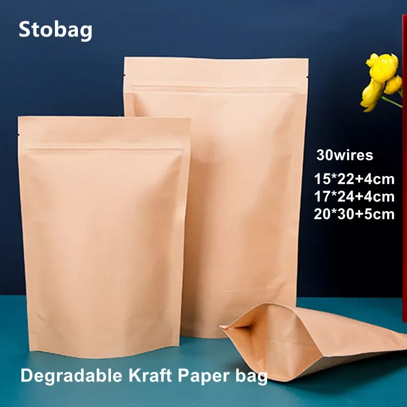 

StoBag 50pcs Degradable Kraft Paper Ziplock Self-standing Food Packaging Bag Tea Dried Fruit Beans Nuts Storage Party Home Use