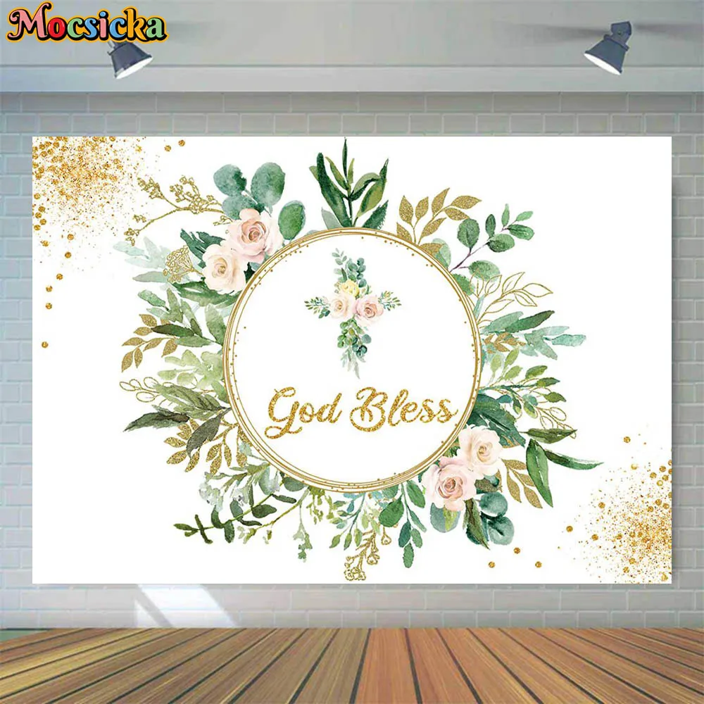

Mocsicka Baby Baptism Backdrop God Bless Green Leaves Cross Newborn Christening Background First Communion Party Decor Photocall