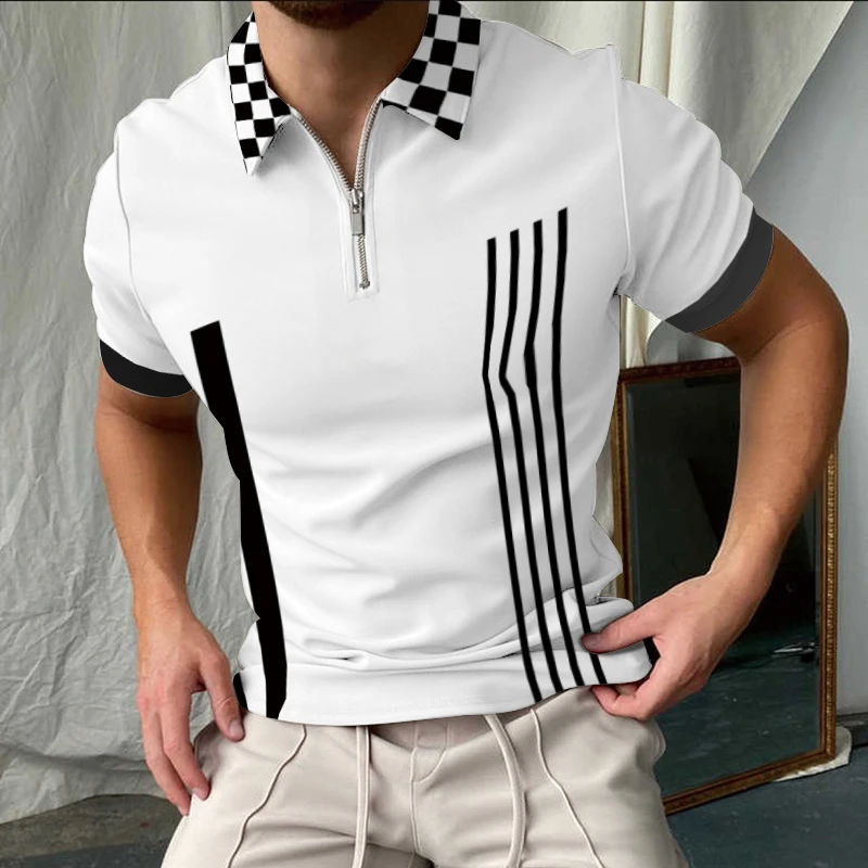 

Летняя мода 2022, повседневная мужская рубашка-поло, Уличная Повседневная рубашка с глубоким вырезом и принтом в полоску, с воротником на молн...