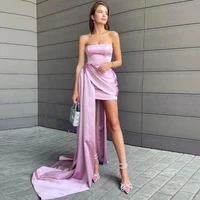 pink satin short sheath prom dress strapless sweep train mini wedding party gowns formal above knee evenin gowns 2022
