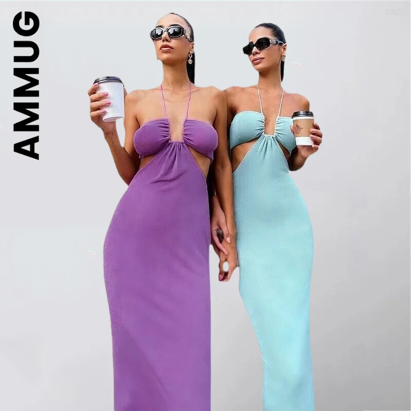 

Halter Cut Out New Dress Women Backless Corset High Waist Split Slim Midi Dress Streetwear Simple Soft Woman Clothes Vestidos