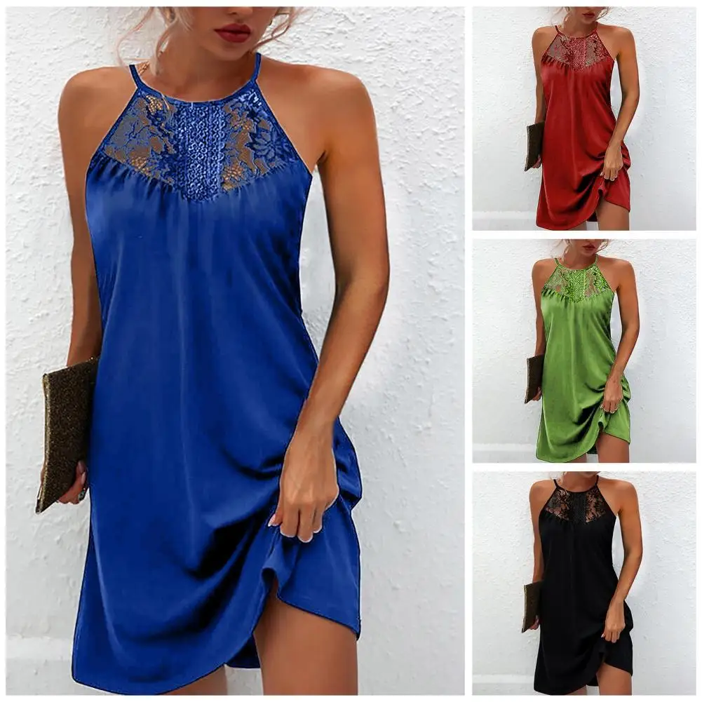 

Fashion Retro Printing Women Dress Sexy Halter Sleeveless Lace Dress Sexy Lace Halter Neck Lightweight Summer Dress for Club