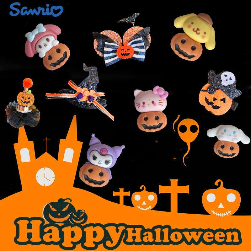 

Sanrio Мультяшные креативные заколки для волос с тыквой Хэллоуин серии Kawaii Hello Kitty Kuromi Melody Cinnamoroll резиновые аксессуары подарок