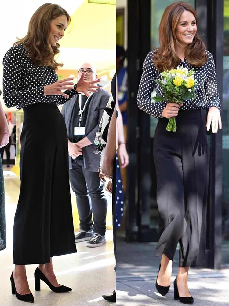 Princess Kate New Women's Set Runway Fashion High Quality Spring Autumn Dot Shirt Top Casual Trousers Elegant Party 2 Piece Suit