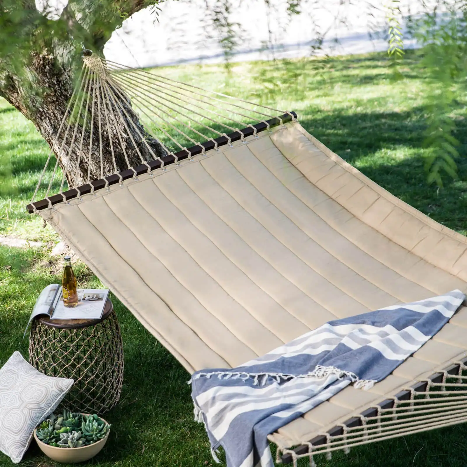 

Taupe Brown Quilted Double Hammock, Product Assembled Size 13 ft L x 4.5 ft W