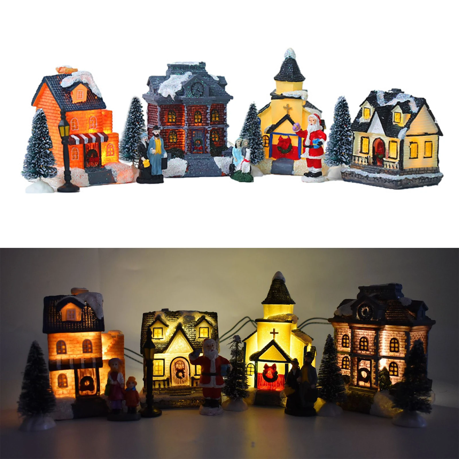 

10pcs Christmas Village Collection Animated LED Light Christmas Village Houses Set Battery Operated Miniature Resin Holiday Gift