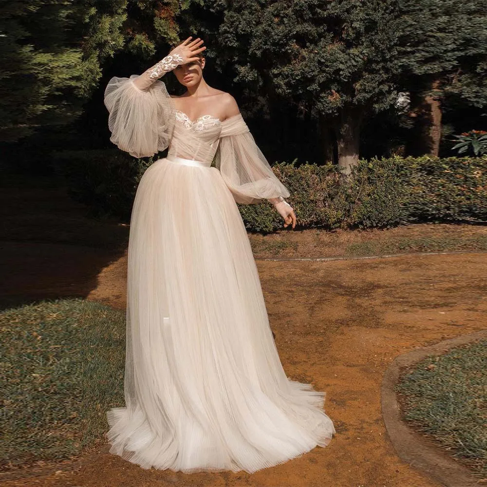 

Decote em v tule praia vestidos de casamento Off do ombro flores alta fenda a Line vestidos de noiva aberto voltar vestidos de