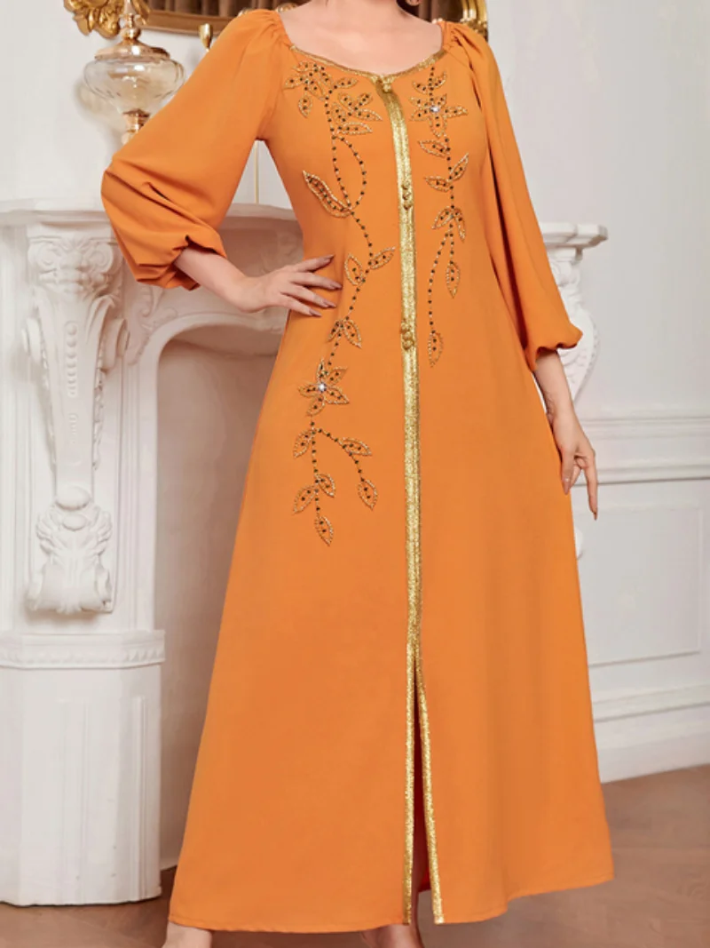 Eid Muslim Lantern Sleeve Abaya Dress Caftan Embroidery Bandage Dresses Diamond Elegant Vestidos Abaya Party Kaftan Ramadan
