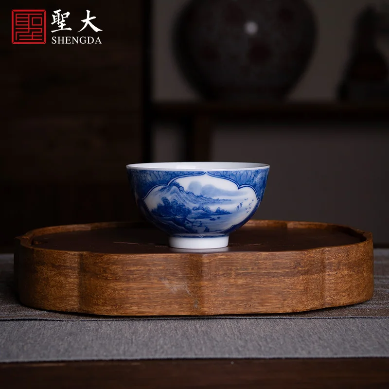 

|kung fu tea cup pure manual hand-painted jingdezhen blue and white flower window landscape master cup sample tea cup