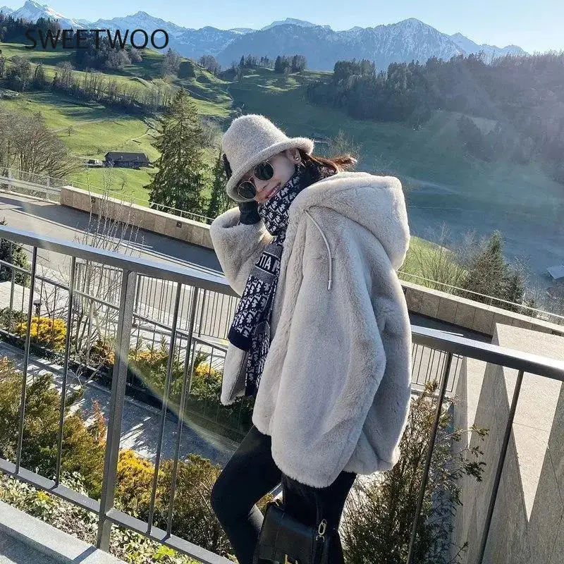2021 New Autumn Winter Fur Coat Thick Faux Rabbit Coat Hooded Mid-Length Overcoat Casual Warm Women's Clothing Fashion Tide Slim