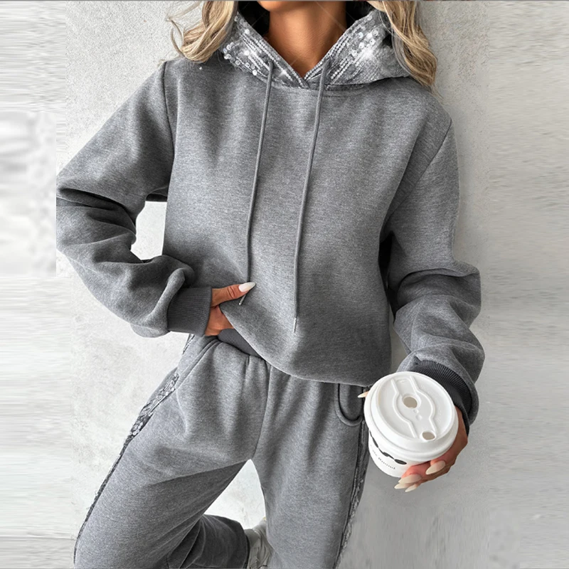 

2023 Fashion Sequins Hooded Sweatshirt+Sweatpants Jogger Pants Suits Tracksuits Women Two Piece Set Casual Sport Hoodies Outfits