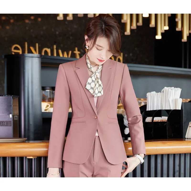 

Женский элегантный Блейзер и брюки, Женская офисная одежда, женский розовый и черный костюм, деловой комплект для интервью