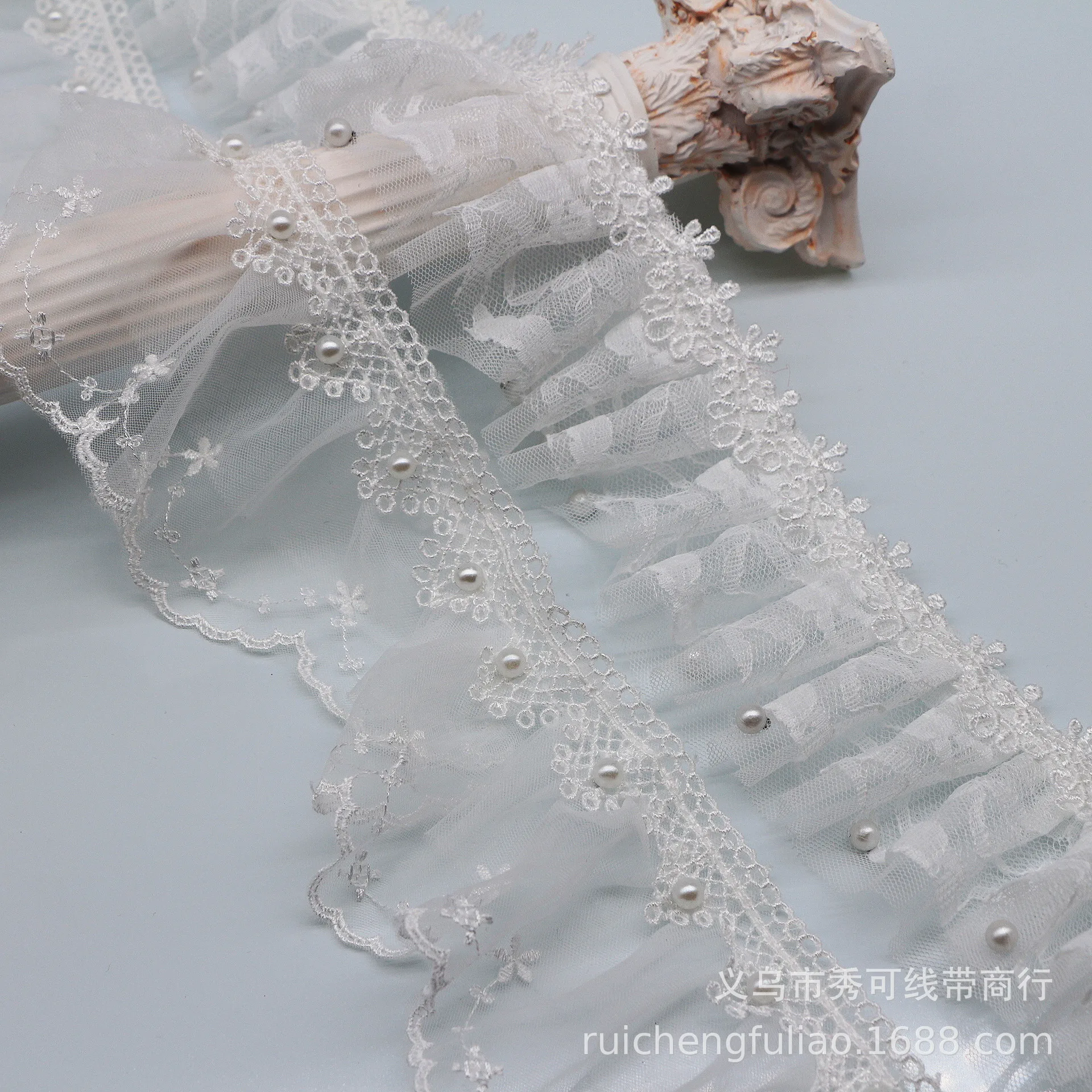 Сетчатая многослойная плиссированная кружевная бейка с жемчугом из бисера лента