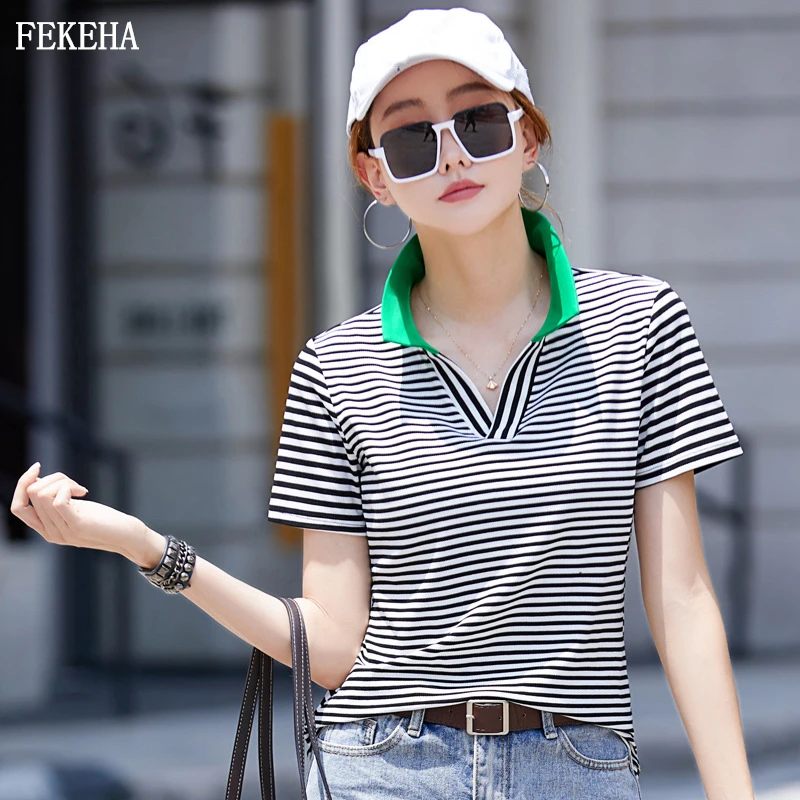 

Summer Women T-Shirt Short Sleeve Lady Striped Tee Tops V Neck Female Clothing