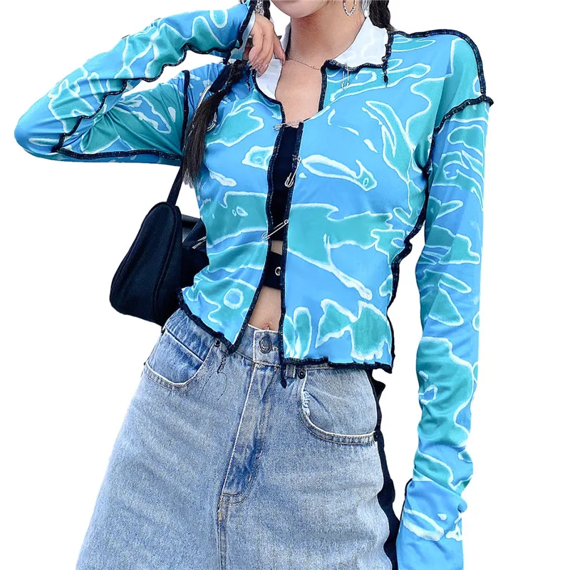 

Fashion T-shirts Sexy Woemn Pin Buckle Exposed Navel T-shirt 2 Colors Camouflage Print Open Stitch Front Hollow Out Crop Tops